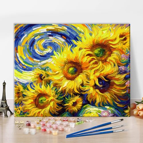 Sonnenblume Malen nach Zahlen Abstrakte Himmels Malerei Nach Zahlen für Erwachsene DIY Nachthimmel Zahlenmalerei Kunstwerk Sternenhimmel Leinwandmalerei-Sets für Herren Damenzimmer Dekor 16x20 Zoll von ZOZHI