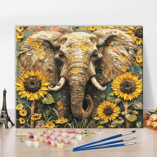 Sonnenblume Malen nach Zahlen DIY Elefant Malen nach Zahlen Set Moderne Tiere Blumen Malen nach Zahlen Leinwand Kunst Dekoration Herren Damen Malerei Kunst Geschenke 16x20 Zoll Wanddekoration von ZOZHI