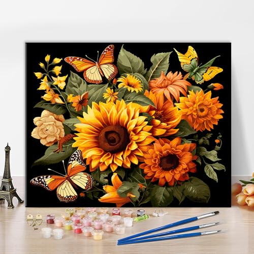 Sonnenblume Malen nach Zahlen Erwachsene Schöne Blumen Malen nach Zahlen DIY Schmetterling Blumengebinde Malerei Kits 16x20 Zoll Blumen Leinwand Handwerk für Damen Malerei Kunstgeschenke von ZOZHI