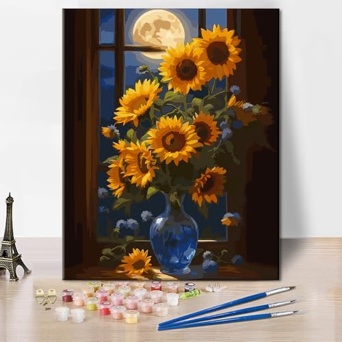 Sonnenblumen Malen nach Zahlen für Erwachsene DIY Blumenmalerei Kunst Sonnenblume Malen nach Zahlen auf Leinwand Mond Malerei Kits für Männer Damen Wohnzimmer Wanddekor 16x20 Zoll. von ZOZHI