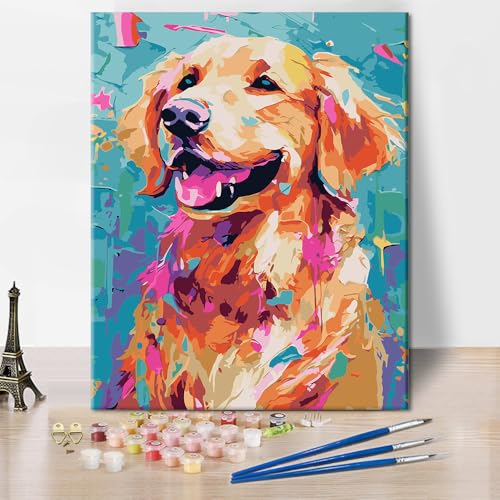 Tier Malen nach Zahlen-Sets DIY Golden Retriever Malen nach Zahlen Hund Malen nach Zahlen für Erwachsene Malerei-Kunstwerke für Männer und Frauen Leinwand-Wandkunst Dekoration 16x20 Zoll von ZOZHI