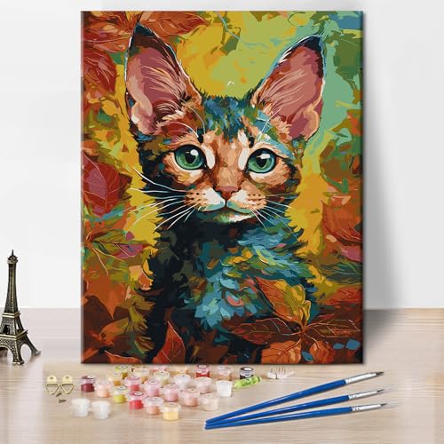 Tier Malen-nach-Zahlen Sets für Erwachsene Malen nach Zahlen Kunst DIY Ahornblätter Katze Malen nach Zahlen Herbststimmung Malen nach Zahlen Kunstwerk 16x20 Zoll Wanddekoration von ZOZHI