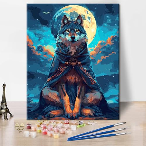 Tiere Malen nach Zahlen DIY Wolf unter dem Mond Malen nach Zahlen Kits Moderne Mond Tier Leinwand Malerei Handwerk für Männer Damen Zahlen Malerei Geschenk 16x20 Zoll von ZOZHI