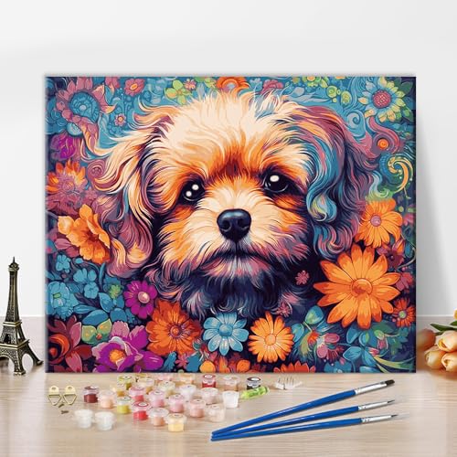 Tiere Malen nach Zahlen Kunstwerk Hund Malen nach Zahlen für Erwachsene DIY Malen nach Zahlen Wandkunst Blütenblume Hund Malen nach Zahlen Set für Damen Schlafzimmer Dekoration 16x20 Zoll von ZOZHI