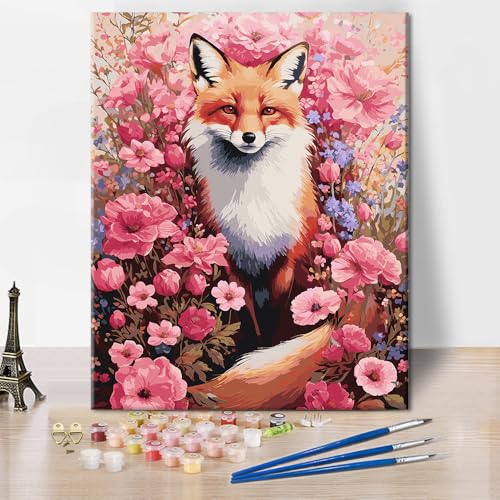 Tiere Malen nach Zahlen Roter Fuchs Malerei Zahlen Kunst DIY Schöne Blumen Fuchs Malen nach Zahlen Kunstwerk Damen Malerei Geschenk-Sets für Wohnzimmer Wandkunst Dekoration 16x20 Zoll von ZOZHI