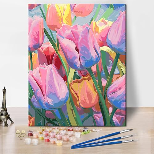 Tulpen Malen nach Zahlen Schöne Blumen Malen nach Zahlen Set Erwachsene Botanik Malen nach Zahlen Geschenk DIY Leinwandmalerei Kunstwerk für Wohnzimmer Wanddekoration 16x20 Zoll von ZOZHI