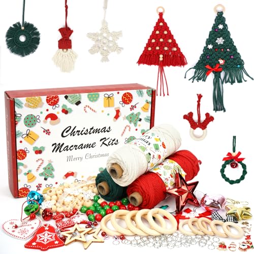 Makramee Set für Anfänger mit Anleitung, Makramee Weihnachtsdeko Set, 3mm x 50m Makramee Garn Set mit holzringe und holzperlen Zubehör, DIY Deko Weihnachten - für Weihnachtsschmuck, Komplettset von ZPONEED