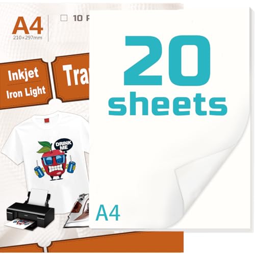 Transferpapier A4, Inkjet Premium T-Shirt Transferpapier für schwarze und helle Stoffe, lebendige, langlebige Bilder (20, normal) von ZPSHYD