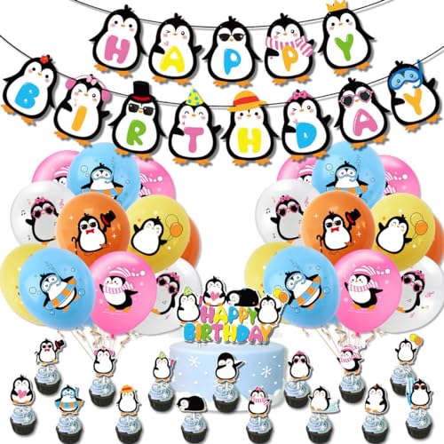 37-teiliges Pinguin-Ballon-Dekorationsset, Cartoon-Pinguin-Themen-Dekoration, Pinguin-Party-Dekoration, inklusive Happy Birthday-Banner, Kuchendekorations-Luftballons von ZPSOSPZ