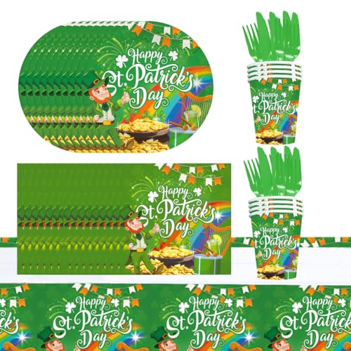 61-teiliges Partygeschirr-Set St. Patrick's Day, Glückliches grünes Kleeblatt, Partyzubehör, Pappteller, Servietten, Becher, Tischdecke, Grünkleeblatt-Geschirr-Set für St. Patrick's Day Party von ZPSOSPZ