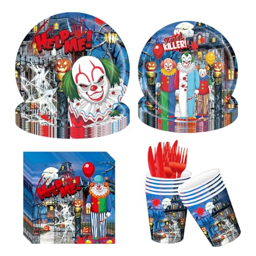 Halloween-Partygeschirr-Set, 70-teiliges Clown-Themen-Geschirr, Halloween-Clown-Mottoparty, einschließlich Halloween-Teller, Pappbecher, Papiertücher und anderes Partyzubehör, von ZPSOSPZ