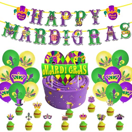 Mardi Gras Dekorationen, Karnevalsparty-Themen-Dekoration, Mardi Gras Kuchendekorationen, Karnevalsparty-Zubehör, inklusive Karnevals-Banner, Karnevals-Luftballons, 30 Stück von ZPSOSPZ