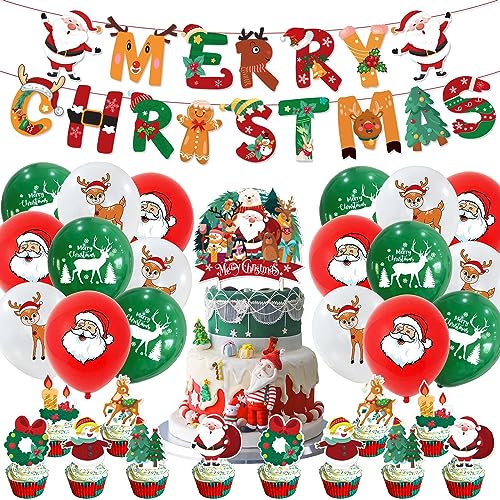 Weihnachtsballons Dekoration Set, Weihnachtsfeier Kuchen Dekoration, Frohe Weihnachten Party Dekoration Supplies, Enthält Frohe Weihnachten Banner Kuchen Dekorieren Luftballons, 32 Stück von ZPSOSPZ