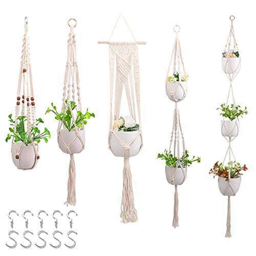 ZPYXBH 5 Set Makramee Blumenampel, Baumwollseil Hängeampel Blumentopf Pflanzenaufhänger Pflanzen Halter Mit Holzperlen Quasten Für Innen Außen Decken Balkone Wanddekoration, 10 Haken von ZPYXBH