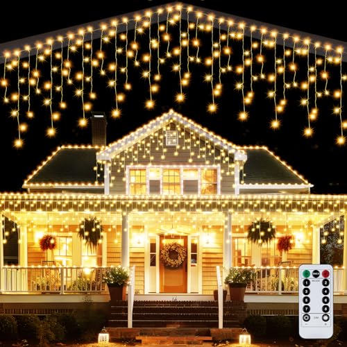 ZQEJEFD Eisregen Lichterkette außen 10m, 410 LEDs Weihnachtsbeleuchtung außen warmweiß, IP44 wasserdicht Lichterkette mit Fernbedienung 8 Modi Timer für Weihnachtsdeko Aussen Innen von ZQEJEFD