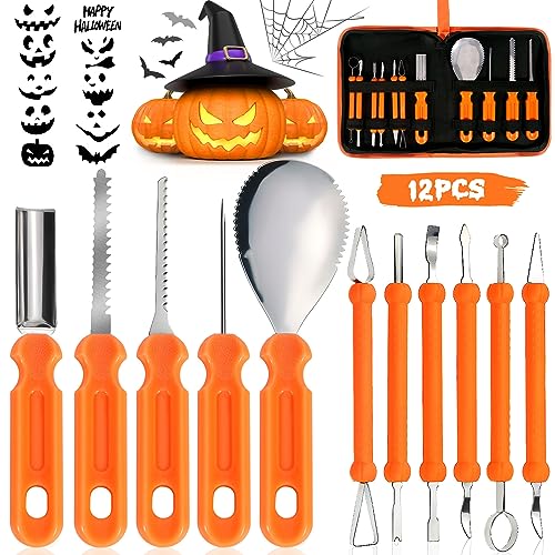 ZQEJEFD Halloween Kürbis Schnitzset, 11 Stück Schnitzwerkzeug Kürbis Professionelles Edelstahl DIY Kürbis Schnitzwerkzeug mit Aufbewahrungstasche und 10PCS Carving-Schablonen für Kinder und Familie von ZQEJEFD