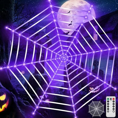 ZQEJEFD Halloween Spinnennetz Lichter mit 120 LEDs, 3.6m LED Spinnennetz Licht Wasserdicht mit 8 Modi, Lila Lichter Runde Riesige Spinnennetz Deko Lichterkette für Halloween Outdoor Dekoration Garten von ZQEJEFD