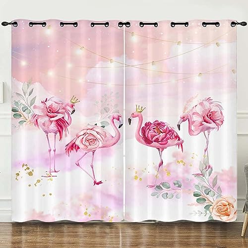 Vorhänge Pink Flower Flamingo Verdunkelungsvorhang Weich Vorhang Blickdicht Wohnzimmer Verdunklungsvorhänge Schlafzimmer Gardine Blickdicht Curtains Schallschutz Blickdichte Vorhänge 2x75x166cm von ZQMHCY