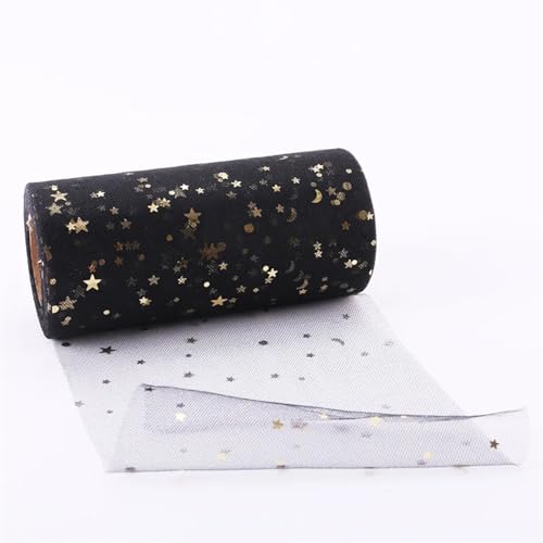 ZRHWSPD Deko-Mesh-Band 15 cm * 25 Yards Bronzing Stars Moon Tüll Rollen Glitter Pailletten Tüll Mesh Tutu Rock Organza Hochzeit Party Dekoration(Black) von ZRHWSPD