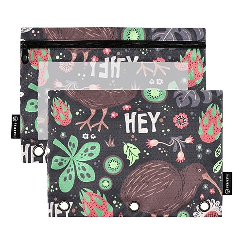 Niedliches Kiwi-Vogel-/Tier-Herbst-Thanksgiving-3-Ring-Binder-Federmäppchen, 2 Stück Aktenordner für Büro, Untersuchung, Reißverschluss, Schreibwaren-Tasche von ZRWLUCKY