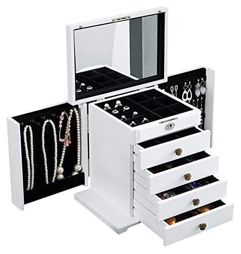 ZSDBYT 5-lagige Schmuckschatulle, Aufbewahrungsbox mit Schloss, Spiegel, hölzerne Reise-Schmuckschatulle, Damen-Schmuckschatulle (weiß, 31 x 21 x 28 cm) von ZSDBYT