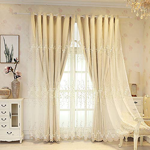 ZSDBYT Vorhang Dekoration Stoff Doppel Verdunkelungsvorhänge Schlafzimmer Spitze Stickerei Transparent Tüll (Beige B150 * H220Cm) von ZSDBYT