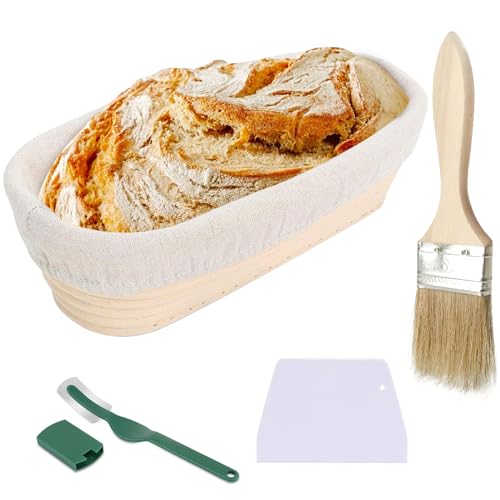 Gärkörbchen, 25x15x8 cm Gärkörbchen Oval, Brotgärkorb Set, Der Ideale Gärkorb aus Natürlichem Peddigrohr, für Professionelle Hausbäcker mit Leintüchern, Gebogenes Brotmesser, Bürste, Teigschaber Set von ZSMJAER