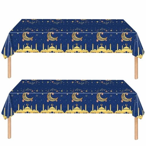 Eid Ramadan Mubarak Einweg-Tischdecke, Dekoration für Eid Mubarak, Party-Tischdecke, Esstischdecke für Innen- und Außenbereich, Party, Eid Ramadan, 137 x 274 cm, Blau und Gold, 2 Stück von ZSYIULIA