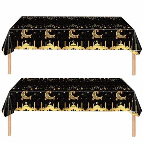 Eid Ramadan Mubarak Einweg-Tischdecke, Dekoration für Eid Mubarak, Party-Tischdecke, Esstischdecke für Innen- und Außenbereich, Party, Eid Ramadan, 137 x 274 cm, Schwarz und Gold, 2 Stück von ZSYIULIA