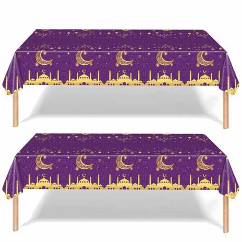 Eid Ramadan Mubarak Einweg-Tischdecke, Dekoration für Eid Mubarak, Party-Tischdecke, Esstischdecke für Innen- und Außenbereich, Party, Eid Ramadan, 137 x 274 cm, Violett und Gold, 2 Stück von ZSYIULIA