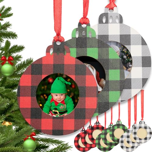 ZTHapwa DIY Foto-Ornamente für Weihnachtsbaum, Holz-Bilderrahmen, Weihnachtsschmuck, Großpackung zum Aufhängen, personalisierte Fotos für Zuhause/Urlaubsparty, Büffelkarierte Weihnachtsschmuck, Set von ZTHapwa