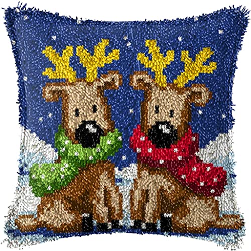 Knüpfhaken-Set mit Weihnachtsmuster, bedruckte Leinwand, Häkelarbeit, Geschenk, Kreuzstich, Sofakissenbezug, Werkzeug für Kinder und Erwachsene, 43 x 43 cm (Elch B) von ZUHK