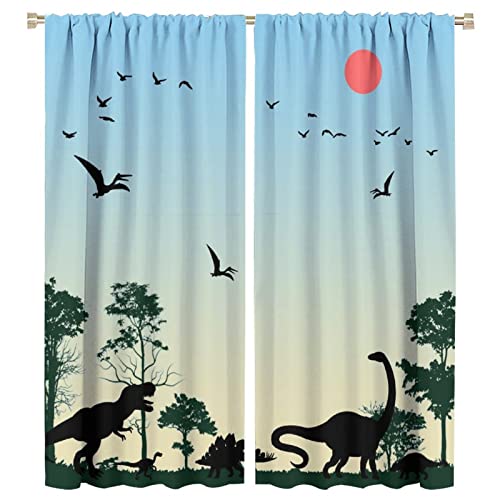 ZUMAHA Niedliche Dinosaurier Blackout Vorhänge - Cartoon Dschungel Wald Tier Tierwelt Thema Dino Stabtasche Energieeinsparung Thermisch isolierte Vorhänge, 140Wx160L cm von ZUMAHA