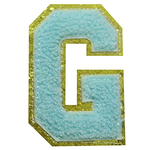 4 x blaue Chenille-Buchstaben, 5,6 cm Buchstaben zum Aufbügeln, Chenille-Buchstaben-Aufnäher für Kleidung (G) von ZUNTENG