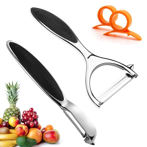 ZUOQIANG Sparschäler Set, 2PCS Schäler Küche Rostfrei, Universalschäler Spargelschäler, Kartoffelschäler, Gemüseschäler, Apfelschäler, Gurkenschäler, Peeler mit 2 Orangenschäler von ZUOQIANG