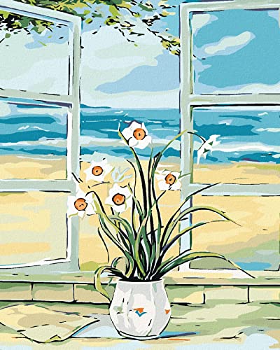 Malen nach Zahlen - NARCISSE IM FENSTER AM STRAND 80x100 cm mit Keilrahmen (bereits gespannt) von ZUTY