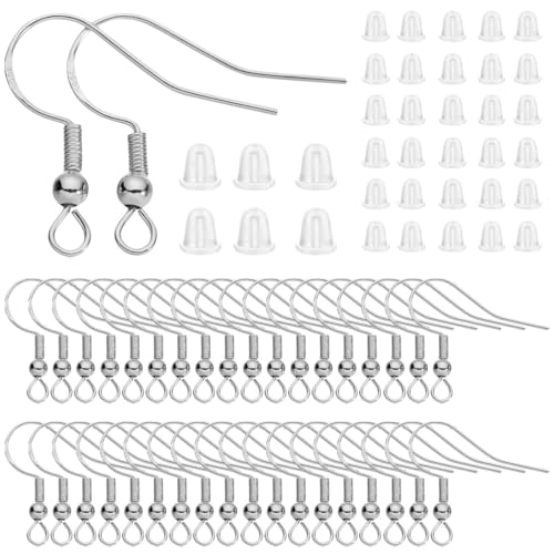 ZUWIJEQ Ohrring Machen Set, 100 Stück 925 Silber Ohrring Haken Hypoallergene Versilberter Ohrhänger hypoallergene ohrhaken mit 100 Stück Durchsichtig Gummi Ohrstopper für DIY Ohrhänger von ZUWIJEQ