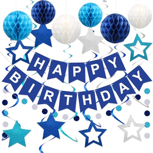 ZUXOLBIN Blau Geburtstagsdeko Happy Birthday Marine Blau Banner mit Wabenkugel Stern Hängender Wirbel Streamer Wimpelkette Geburtstag Girlande Zubehör Party Dekor für Jungen (Blau) von ZUXOLBIN