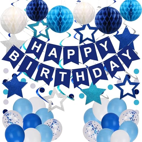 ZUXOLBIN Blau Geburtstagsdeko Marineblau Happy Birthday Banner Wabenkugel Stern Luftballons Geburtstag Dekoration Set Hängende Wirbel Girlande Supplies Dekor für Frauen Männer Jungen Mädchen von ZUXOLBIN