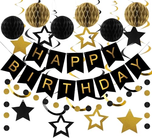 ZUXOLBIN Gold Happy Birthday Banner Dekorationen Schwarz und Gold Banner mit Wabenball Stern Hängender Wirbel Streamer Kreis Punkt Girlande Supplies Geburtstag Party Dekor für Männer Jungen Frauen von ZUXOLBIN