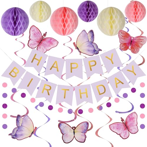 ZUXOLBIN Lila Geburtstagsdeko Happy Birthday Banner mit Wabenball Schmetterlinge Hängende Wirbel Streamer Wimpelkette Geburtstag Kreis Punkt Girlande Zubehör Geburtstags Party Dekor für Frauen Mädchen von ZUXOLBIN