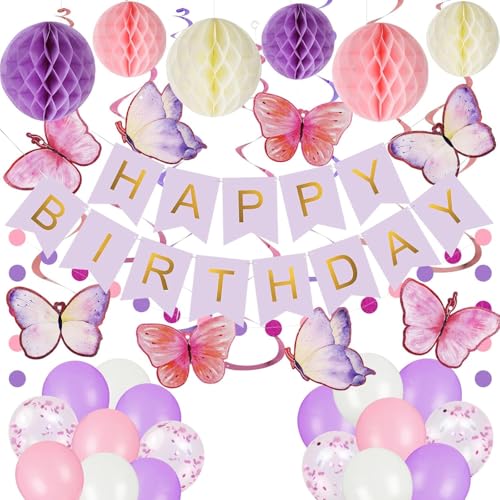 ZUXOLBIN Lila Geburtstagsdeko Mädchen Happy Birthday Banner Wabenkugel Schmetterlinge Luftballons Geburtstag Dekoration Set Hängende Wirbel Girlande Supplies Dekor für Frauen Männer Jungen Mädchen von ZUXOLBIN