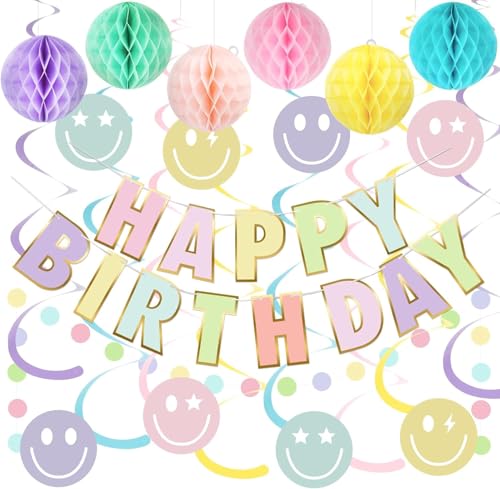 ZUXOLBIN Pastel Geburtstagsdeko Happy Birthday Macaron Banner mit Waben Smiley Gesicht Hängende Wirbel Streamer Wimpelkette Geburtstag Girlande Zubehör Party Dekor für Jungen Mädchen von ZUXOLBIN