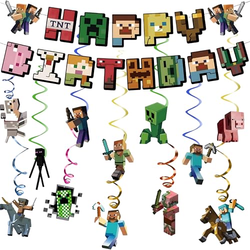 ZUXOLBIN Pixel Geburtstagsdeko Jungen- Pixel Stil Alles Gute zum Geburtstag Banner - Pixel Mine Hängende Wirbel Geburtstag Deko Pixel Mine Geburtstags Partyzubehör Spiel Fans Dekore für Kinder Jungen von ZUXOLBIN