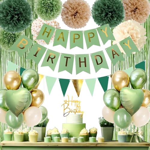 ZUXOLBIN Salbei Grüne Geburtstagsdeko Dschungel Olive Gold Grün Ballons Happy Birthday zum Geburtstag Banner Fransenvorhang Hintergrund Kuchendeckel Geburtstagsdeko für Frauen Mädchen Jungen von ZUXOLBIN