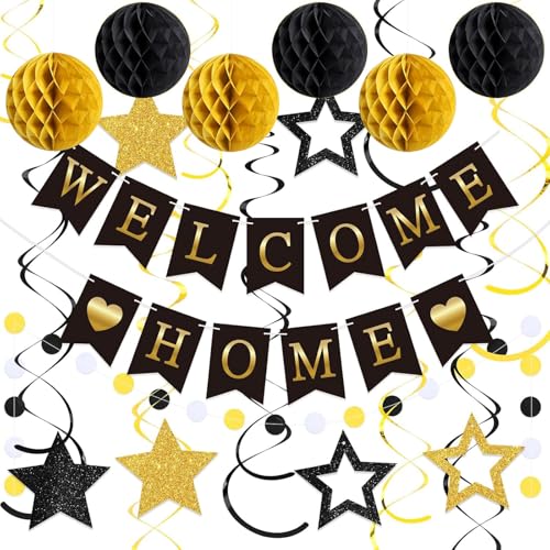 ZUXOLBIN Welcome Home Dekorationen, vorbespanntes Willkommensbanner mit Glitzersternen, Wabenbällen zum Aufhängen, Wirbelschlangen, Girlande, Willkommensschild für Familie, Babyparty, Party, von ZUXOLBIN