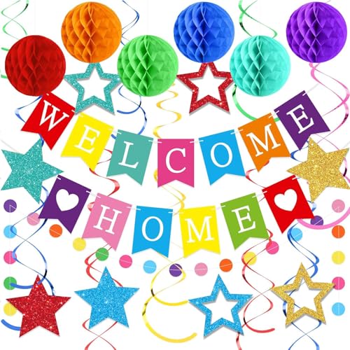 ZUXOLBIN Welcome Home Dekorationen, vorbespanntes Willkommensbanner mit Glitzersternen, Wabenbällen zum Aufhängen, Wirbelschlangen, Girlande, Willkommensschild für Familie, Babyparty, Party, von ZUXOLBIN