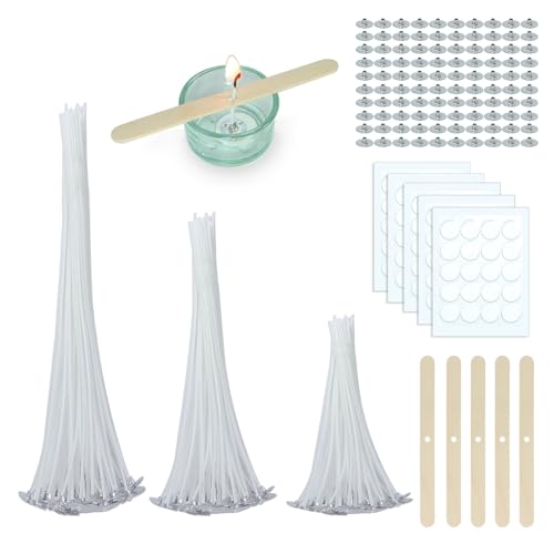 260 Stück Stöcke Kerzendocht Set, 10cm 15cm 20cm Dochte für Kerzen, DIY Rohmaterial Kerzendochte für Kerzen, Docht mit 5 Holz Dochthalter & 100 Wachskernschale, Kerzendochte für Dicke Kerzen von ZUYIST