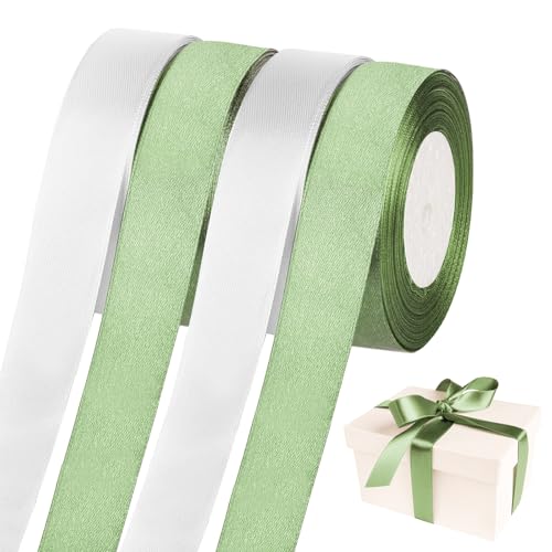 4 Rolls 22m Satinband Weiss Grün, 20mm Wide Schleifenband Hochzeit, Mehrzweck Geschenkband Weiss Grün, Wiederverwendbare Geschenkband Breit, Satinbänder für Nähen Heimwerken Blumenstrauß von ZUYIST