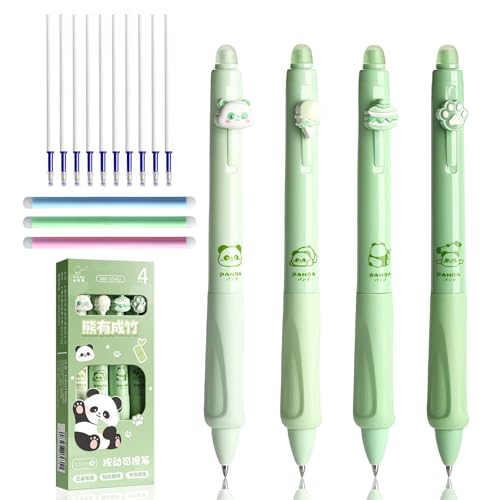 4 Stück Radierbarer Kugelschreiber mit Radiergummi, Thema Panda Radierbare Stifte Set, 0.5mm Radierstift, Thermisch Gelstifte, Tintenroller Radierbar mit 3 Radiergummis und 10 Ersatzmine (Blau) von ZUYIST